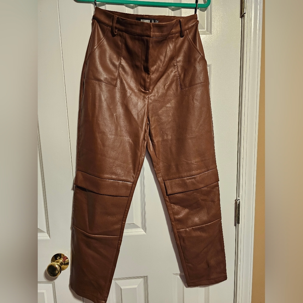 Missguided Faux Leather Cargo Cigarette Pants Womens US 8 Red Brown High Waisted
